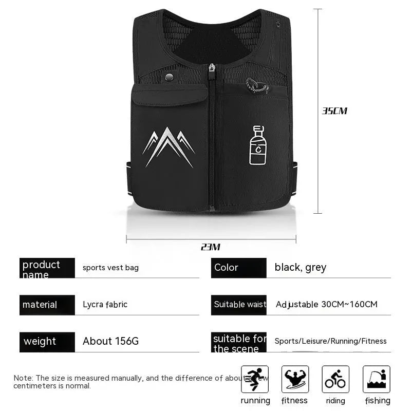 Classic black running vest with integrated phone pocket and detachable 500ml water kettle on a manikin.