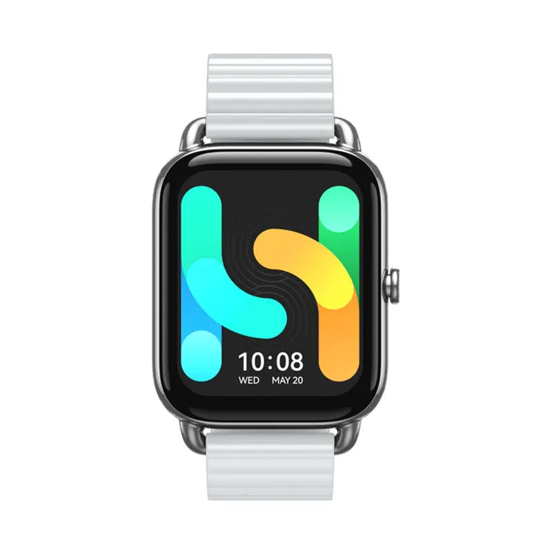 HAYLOU RS4 Plus black smartwatch with AMOLED screen showing fitness stats on a wrist.