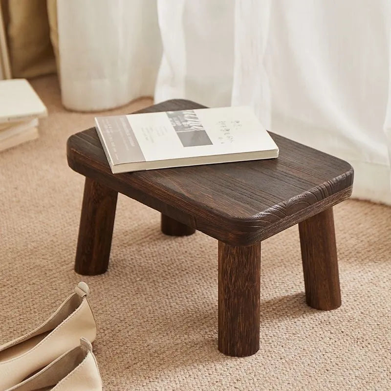 Solid wood shoe changing stool with distressed finish and bracket structure