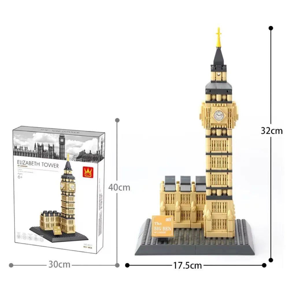 Wange building block set showing over 800 small ABS plastic pieces for constructing global landmark models.