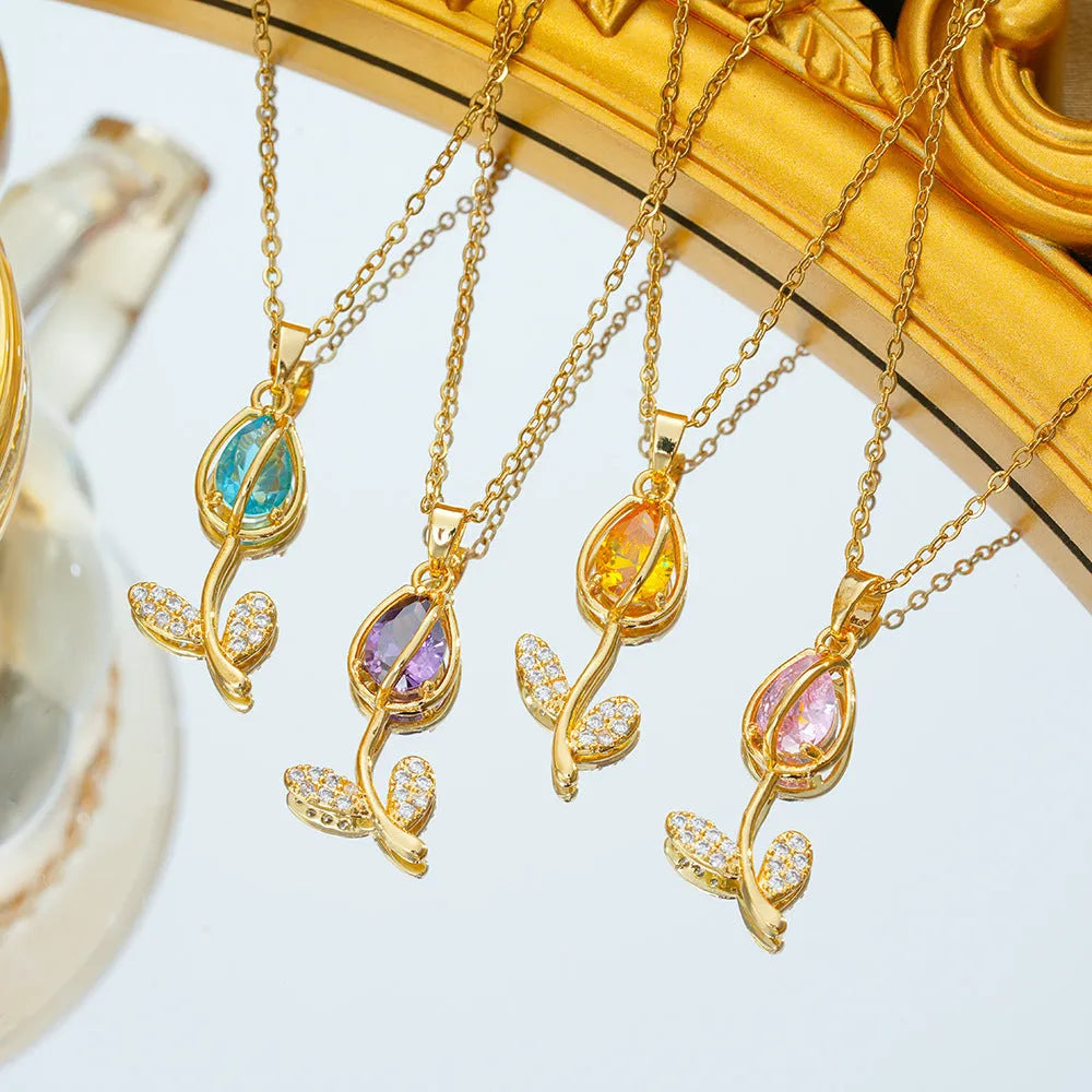 Women's zircon tulip pendant necklace with flower-shaped design on adjustable O-ring chain
