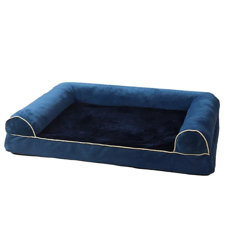 Square sponge dog bed with cloth cover in blue colour showing dimensions
