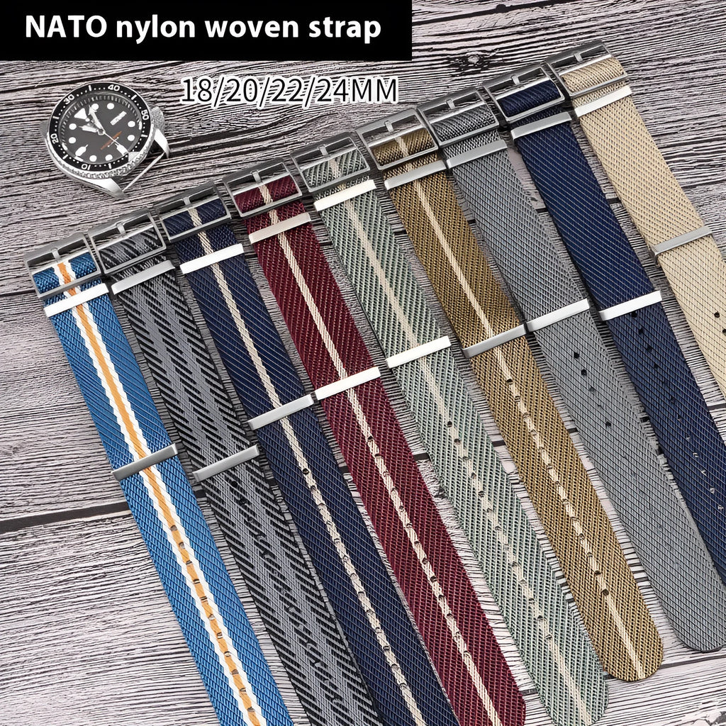Nylon woven canvas watch strap with silver buckle in blue white yellow colour combination