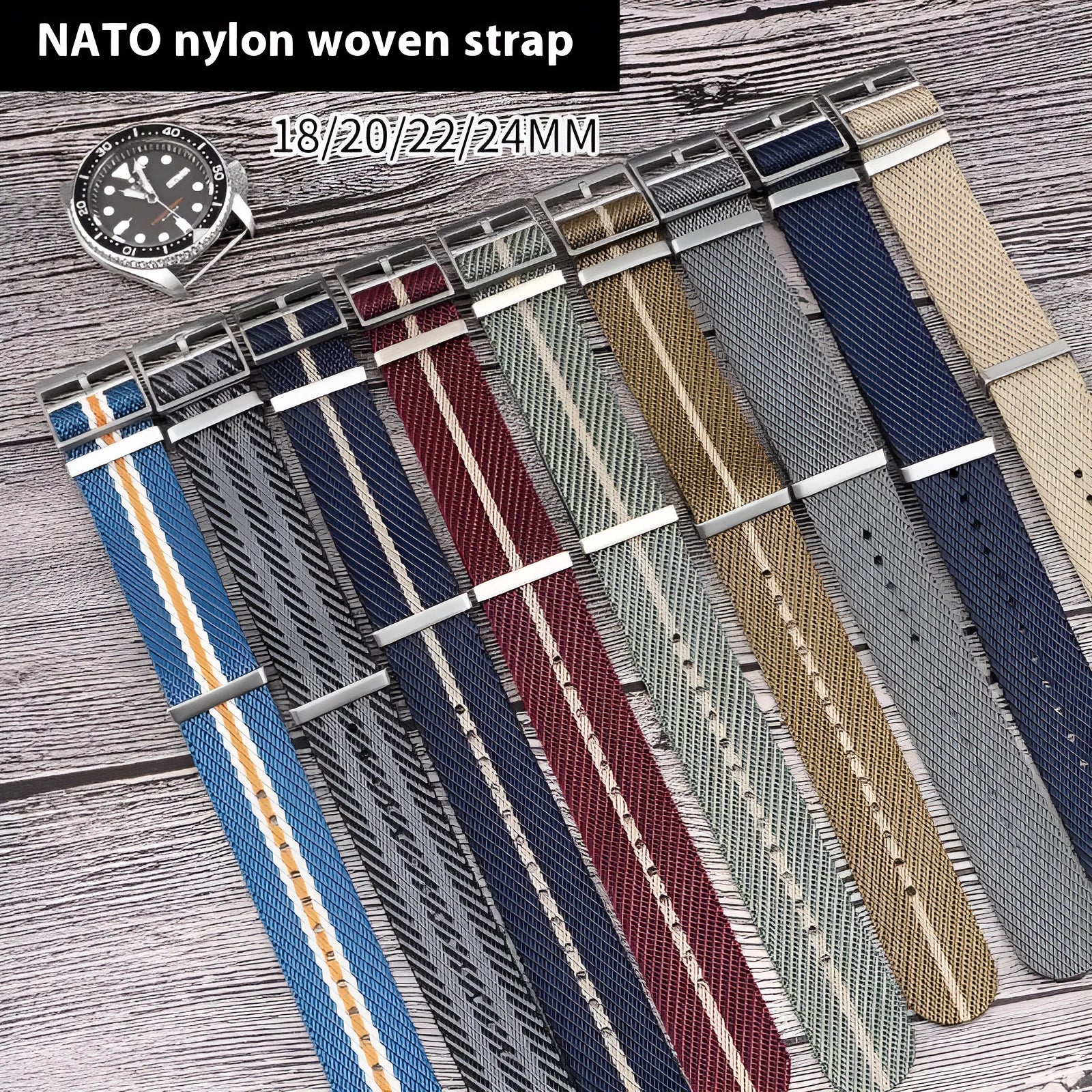 Nylon woven canvas watch strap with silver buckle in blue white yellow colour combination