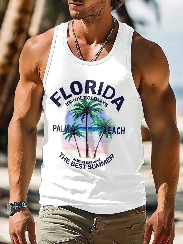 Men's 3D printed Hawaiian style sleeveless vest in solid colour with comprehensive sizing options