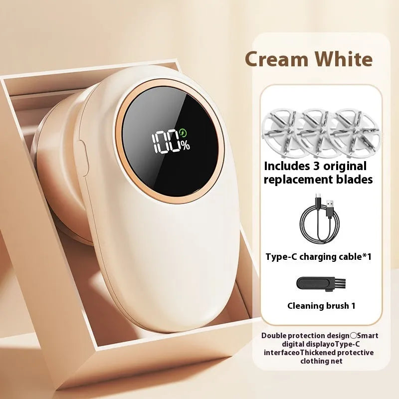 USB rechargeable fur ball trimmer with digital display, shown in beige and purple colour options with multiple cutter head configurations.