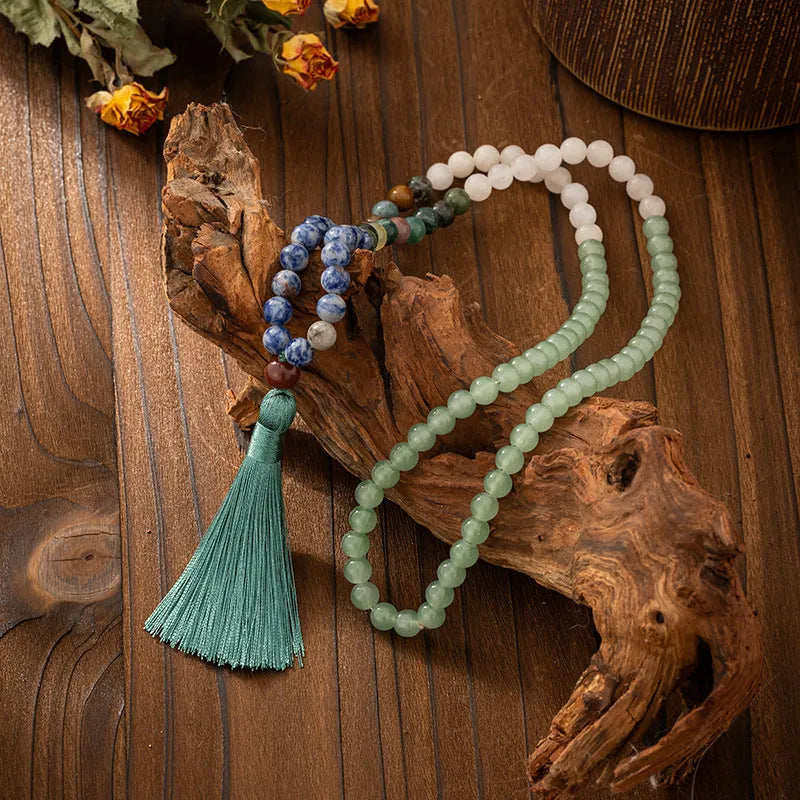 Vintage tassel bohemian style long necklace with geometric stone beads and matching bracelet