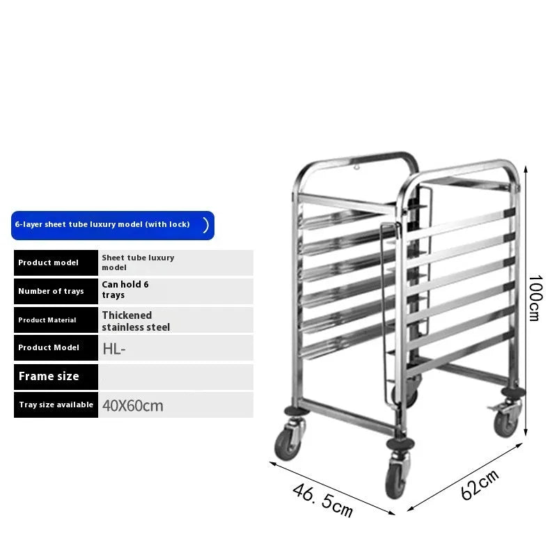 Stainless steel baking tray rack with six layers for 40x60cm commercial trays.