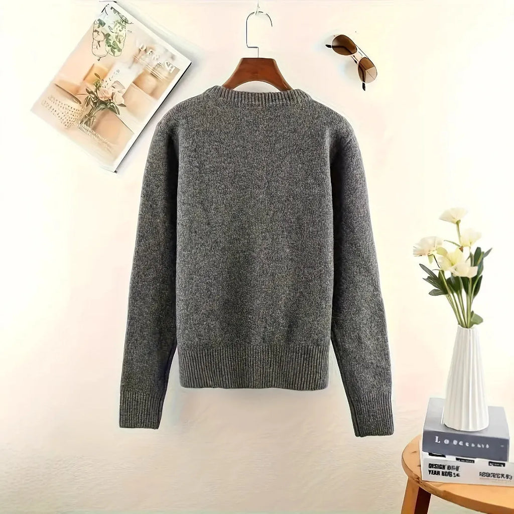 Dark grey women's cardigan sweater with button front and regular sleeves for office commuting