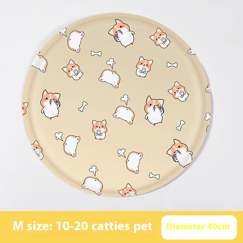 Round cloth pet cooling mat with cartoon bunny design, shown in beige colour.
