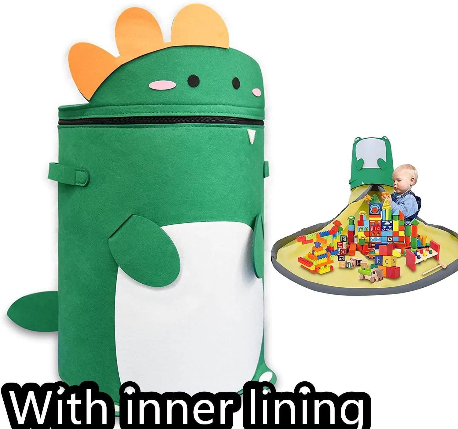 Green cube-shaped felt storage bag with pull rope lying flat as a play mat.