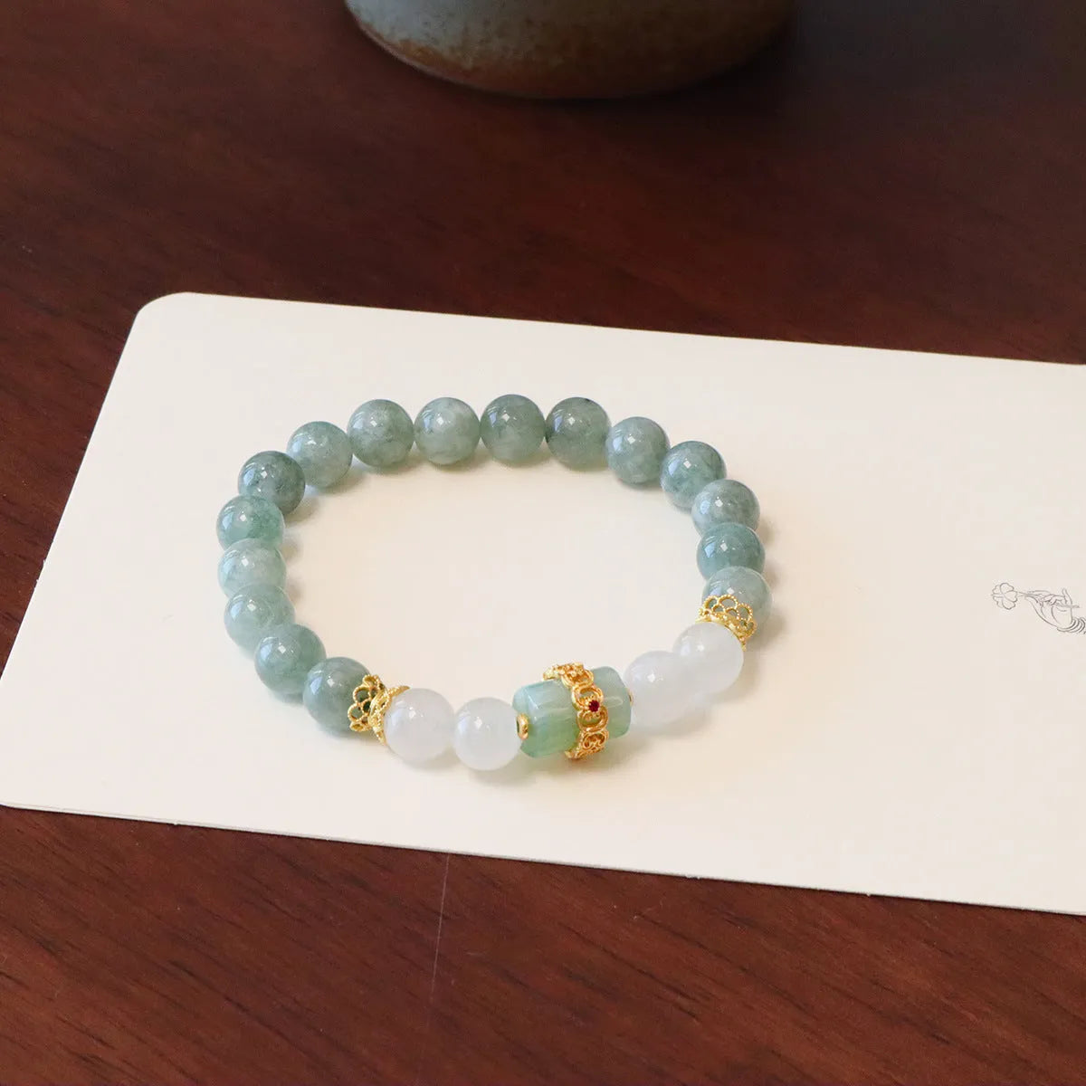 Women's safety buckle bracelet with Myanmar jade stones and geometric lucky bead design