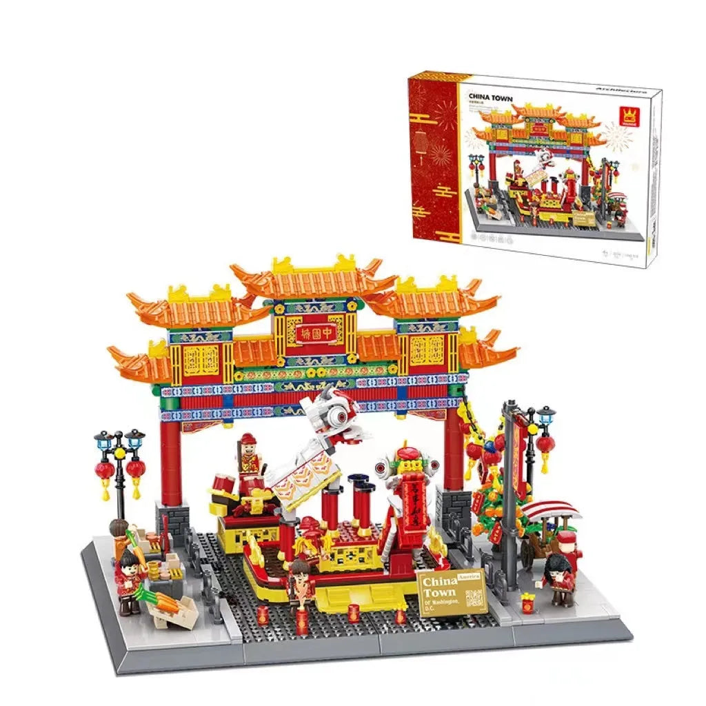 Wange building block set showing over 800 small ABS plastic pieces for constructing global landmark models.