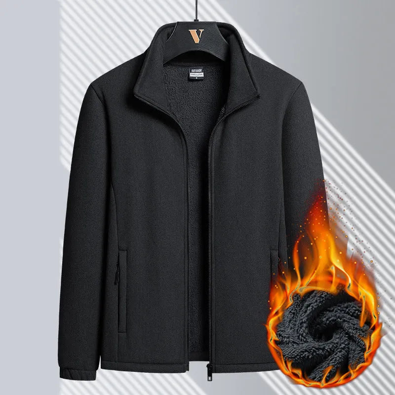 Men's grey Berber fleece coat with stand-up collar and zipper front