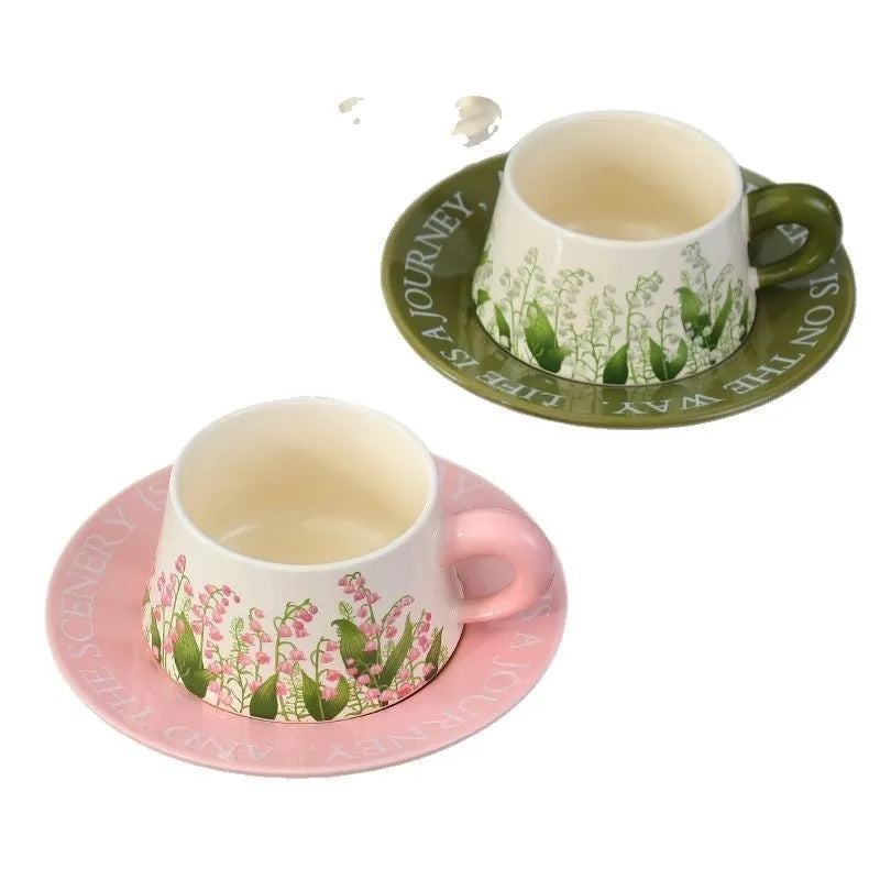 Ceramic coffee cup and saucer set with stirring spoons in campanula or lanling grass designs