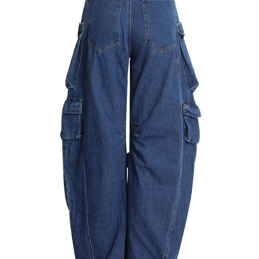 Dark blue women's distressed wide-leg jeans with a high waist and multiple utility pockets.