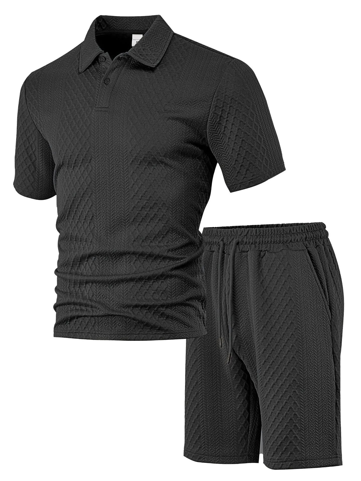 Men's patterned cloth casual suit set featuring a short sleeve polo shirt and trousers on a hanger.