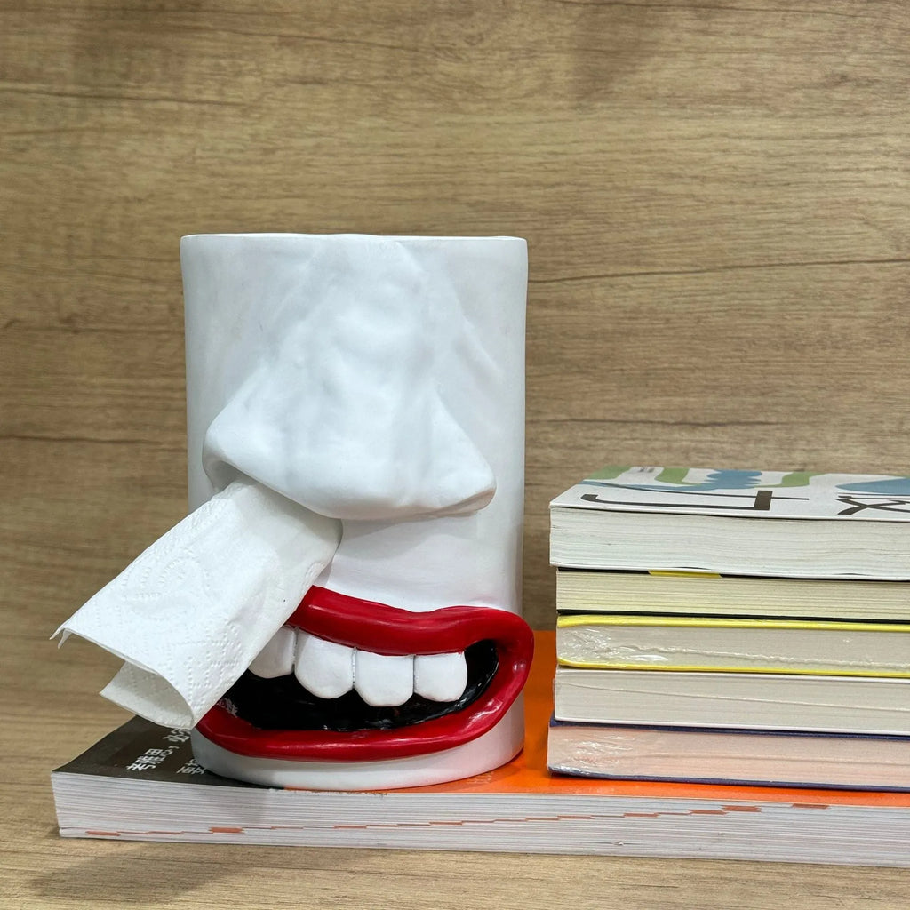 Creative resin desktop ornament with humorous tissue paper holder design measuring 8.5cm by 14.6cm