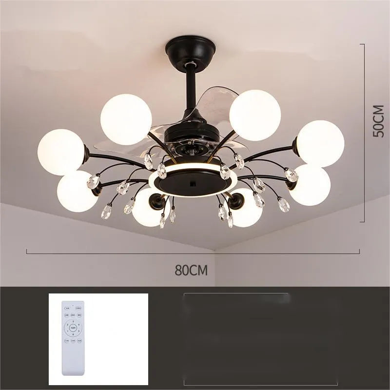Modern black and gold ceiling fan chandelier with light bulbs and metal blades, remote control.