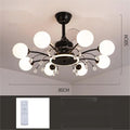 Modern black and gold ceiling fan chandelier with light bulbs and metal blades, remote control.