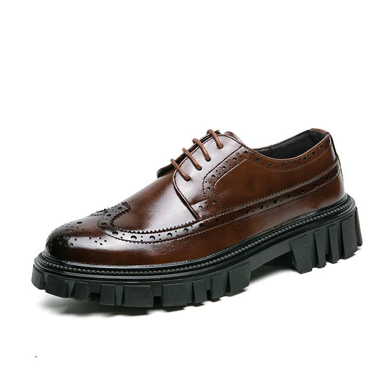 Men's black and brown brogue business shoes with round toe and breathable design