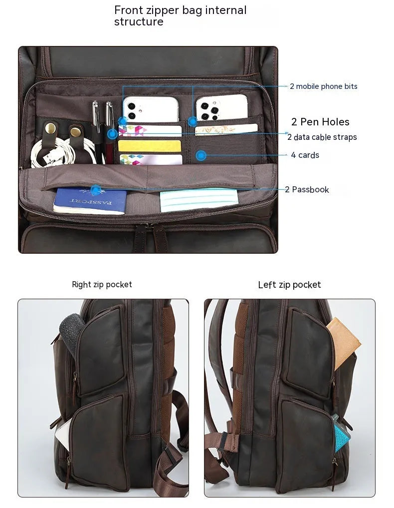 Dark brown genuine cowhide leather backpack with 17-inch laptop compartment and multiple internal organisers