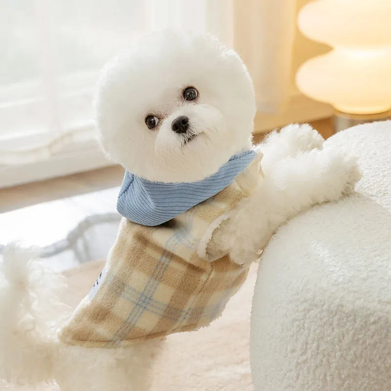 Blue hooded chessboard grid corduroy dog vest with traction styling for autumn winter wear