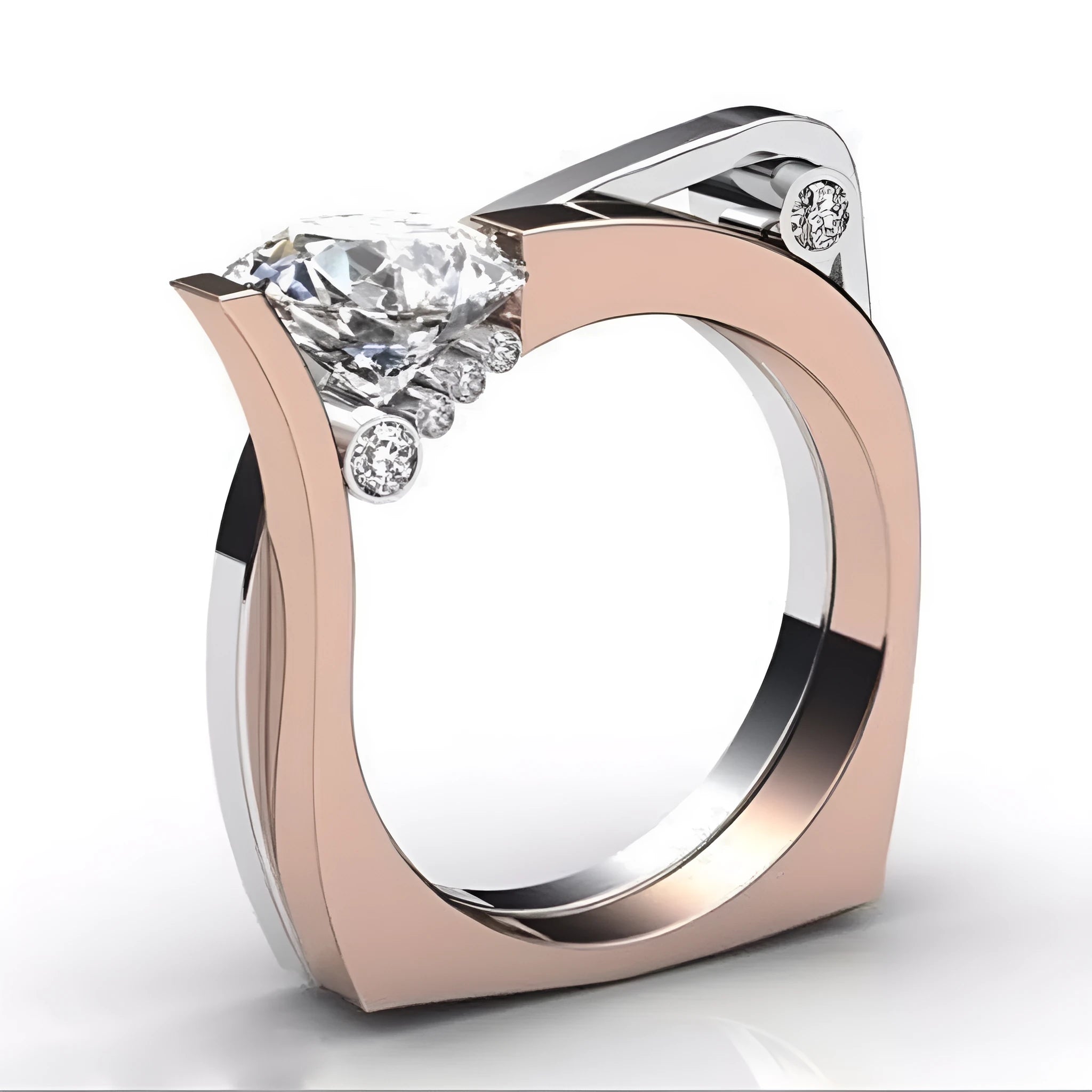 Rose gold geometric alloy couple ring with zircon inlay on a white background