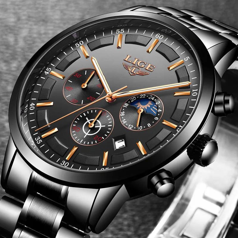 Men's waterproof quartz sports watch showing 12mm thickness and available colour combinations