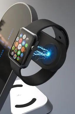 Black six-in-one wireless charging alarm clock with Apple Watch charging pad and USB port