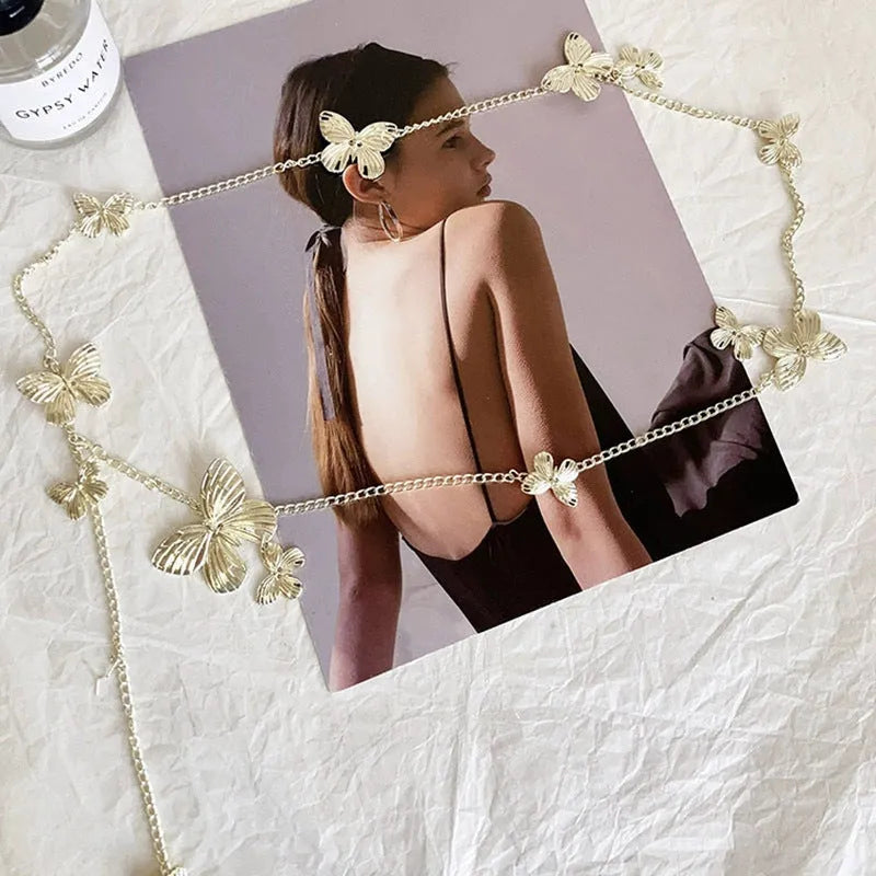 Golden butterfly waist chain belt with alloy construction showing 104cm length measurement