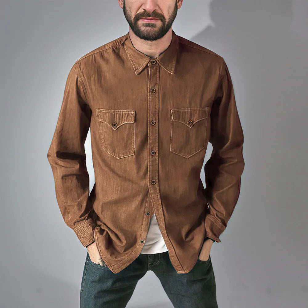 A cotton denim cardigan coat in a regular fit, shown on a hanger.
