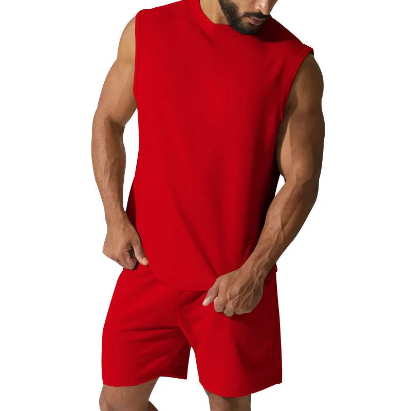 Men's sleeveless sports suit set in cotton blend with matching shorts in solid colour options