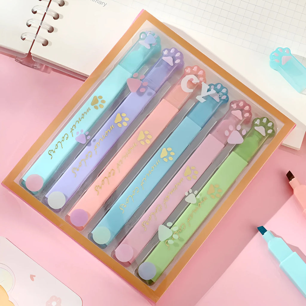 Box of six cat's paw shaped fluorescent marking pens in assorted colours with oblique nibs.