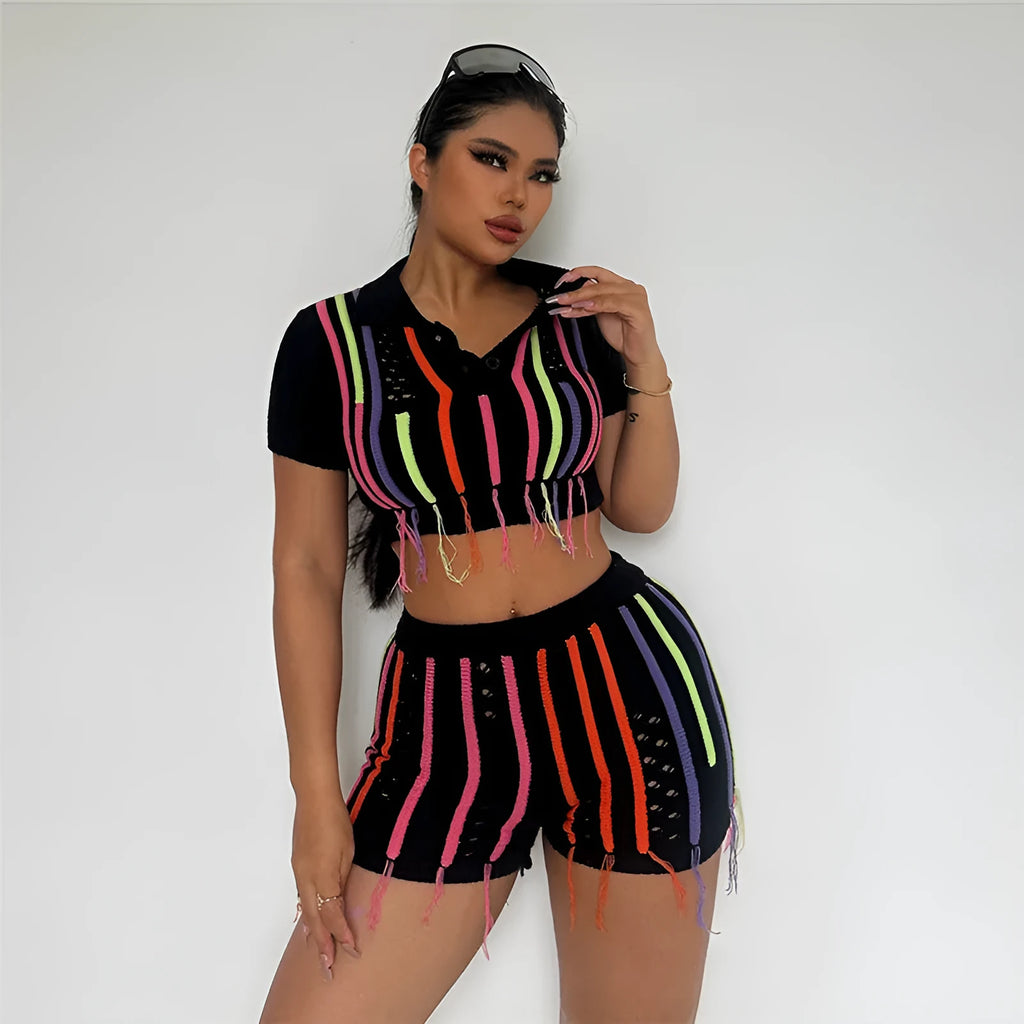 High waist sheath slim fit black polyester suit set for women with sleeveless top and shorts