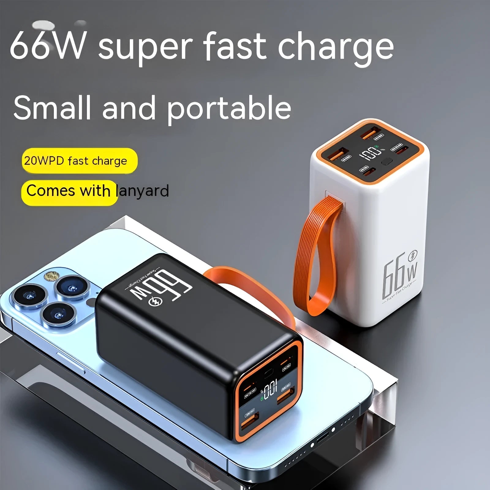 PD66W fast charge 20000 mAh power bank in black or white plastic shell