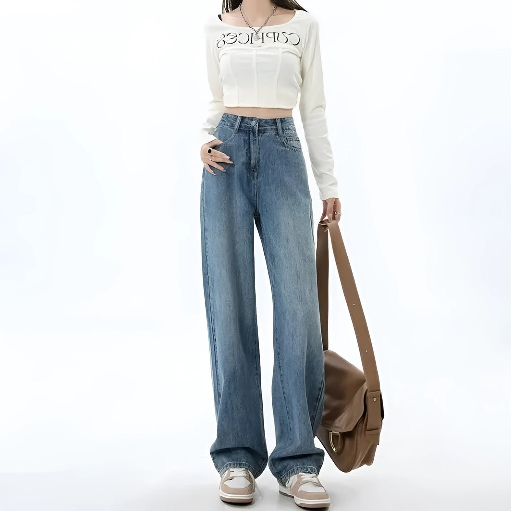 Retro blue women's wide leg jeans with high waist and straight leg styling