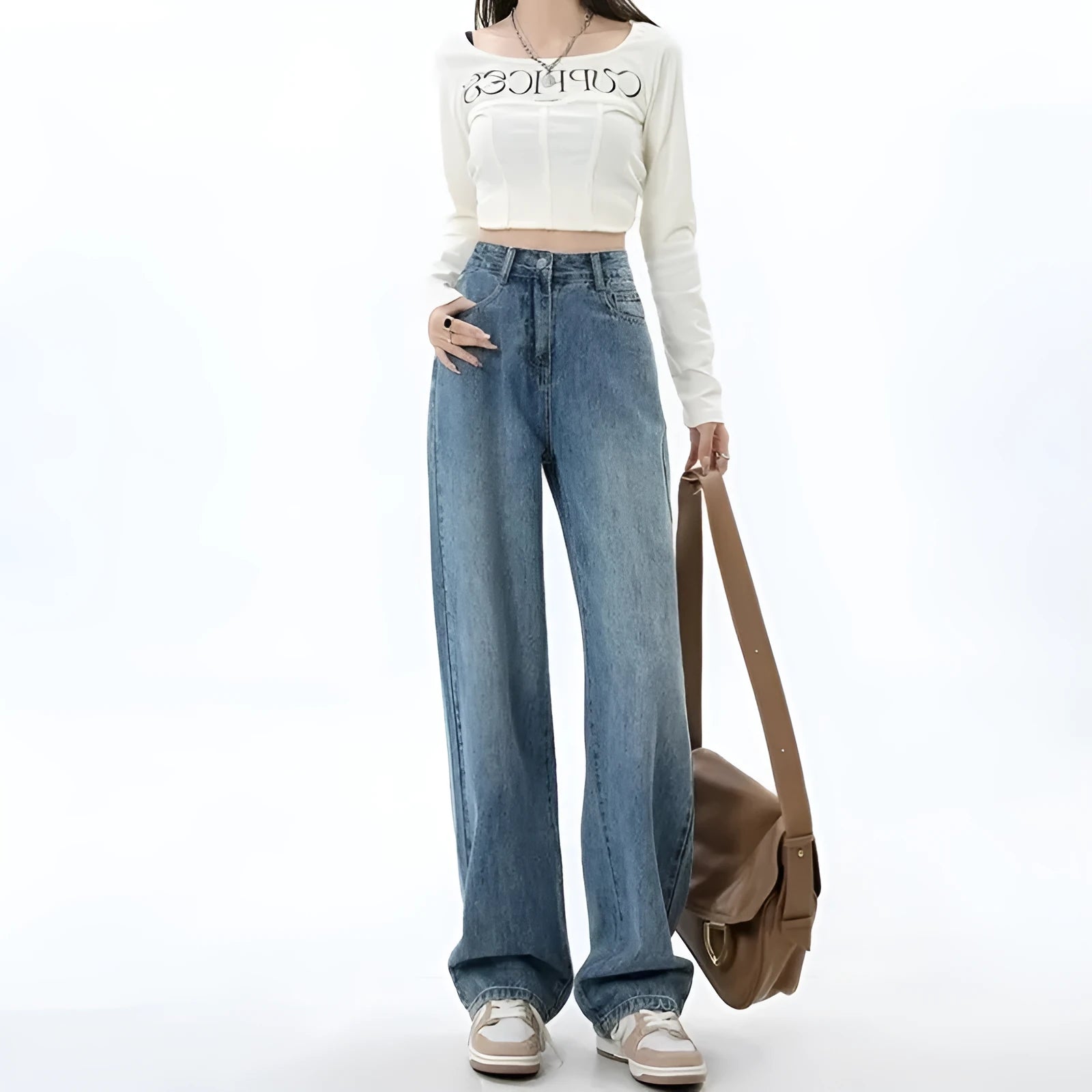 Retro blue women's wide leg jeans with high waist and straight leg styling