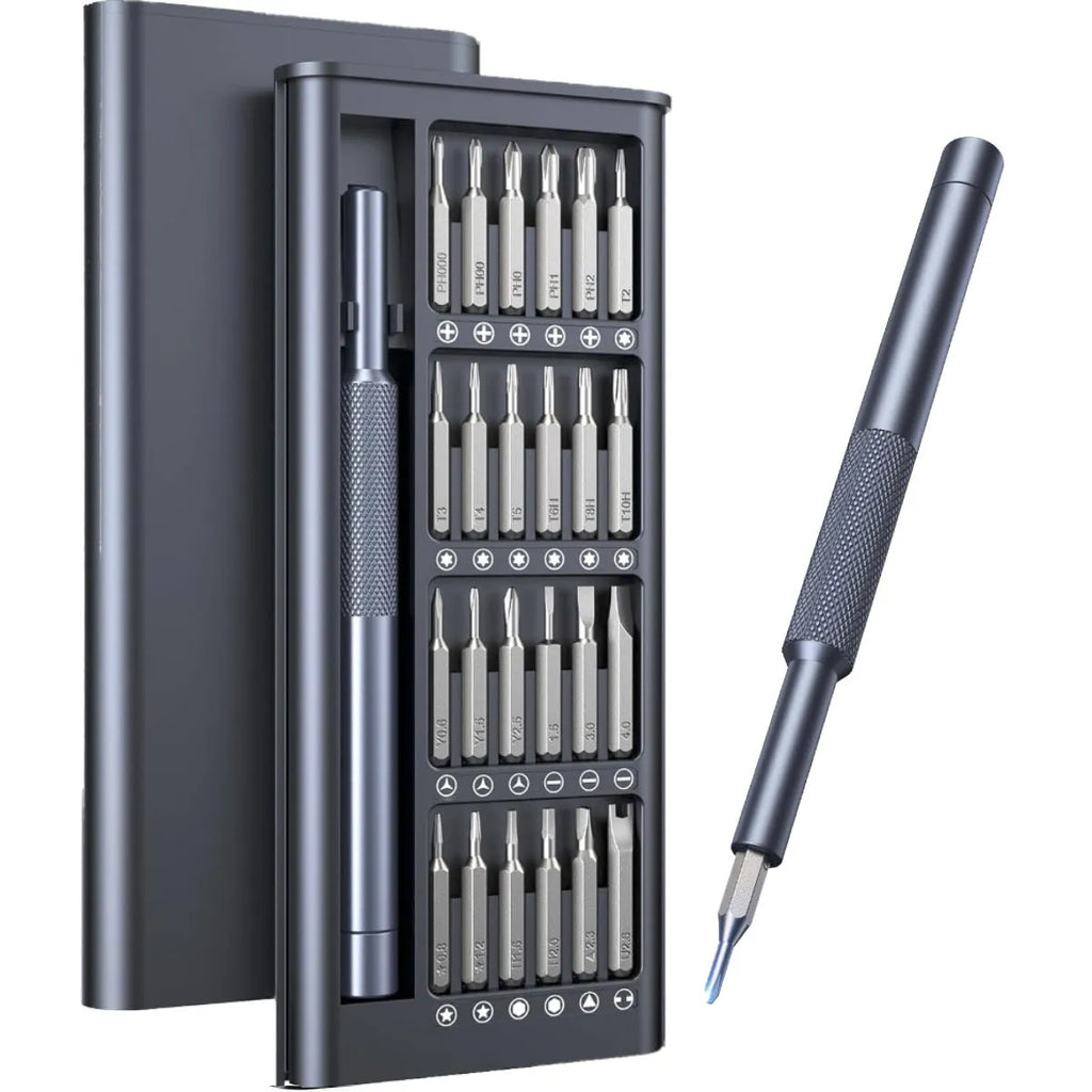 25-in-one magnetic precision screwdriver set with knurled handle and bits.