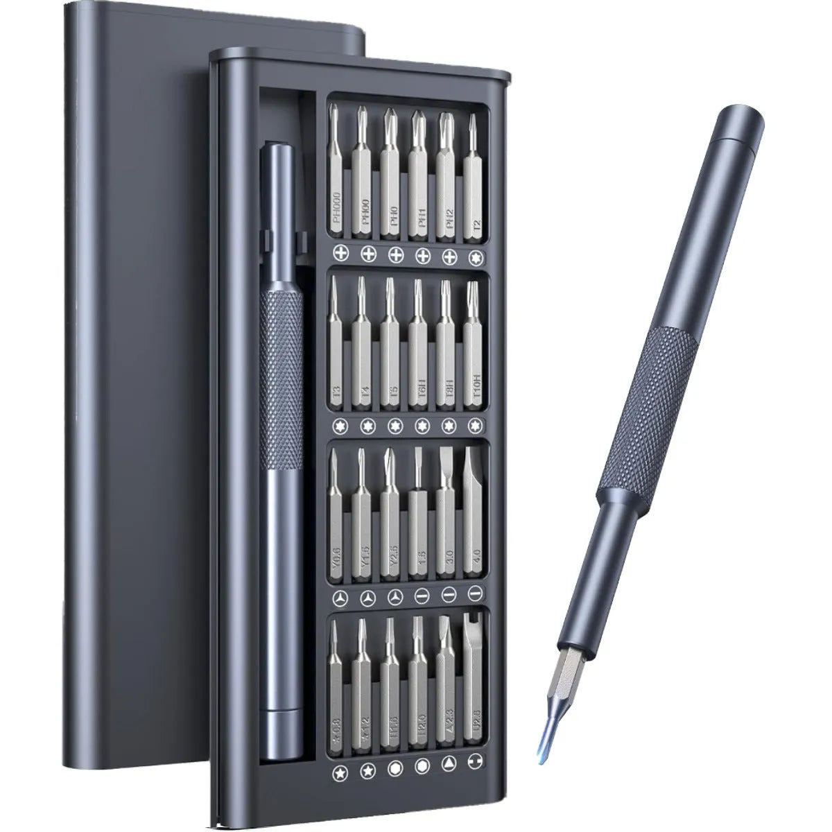 25-in-one magnetic precision screwdriver set with knurled handle and bits.