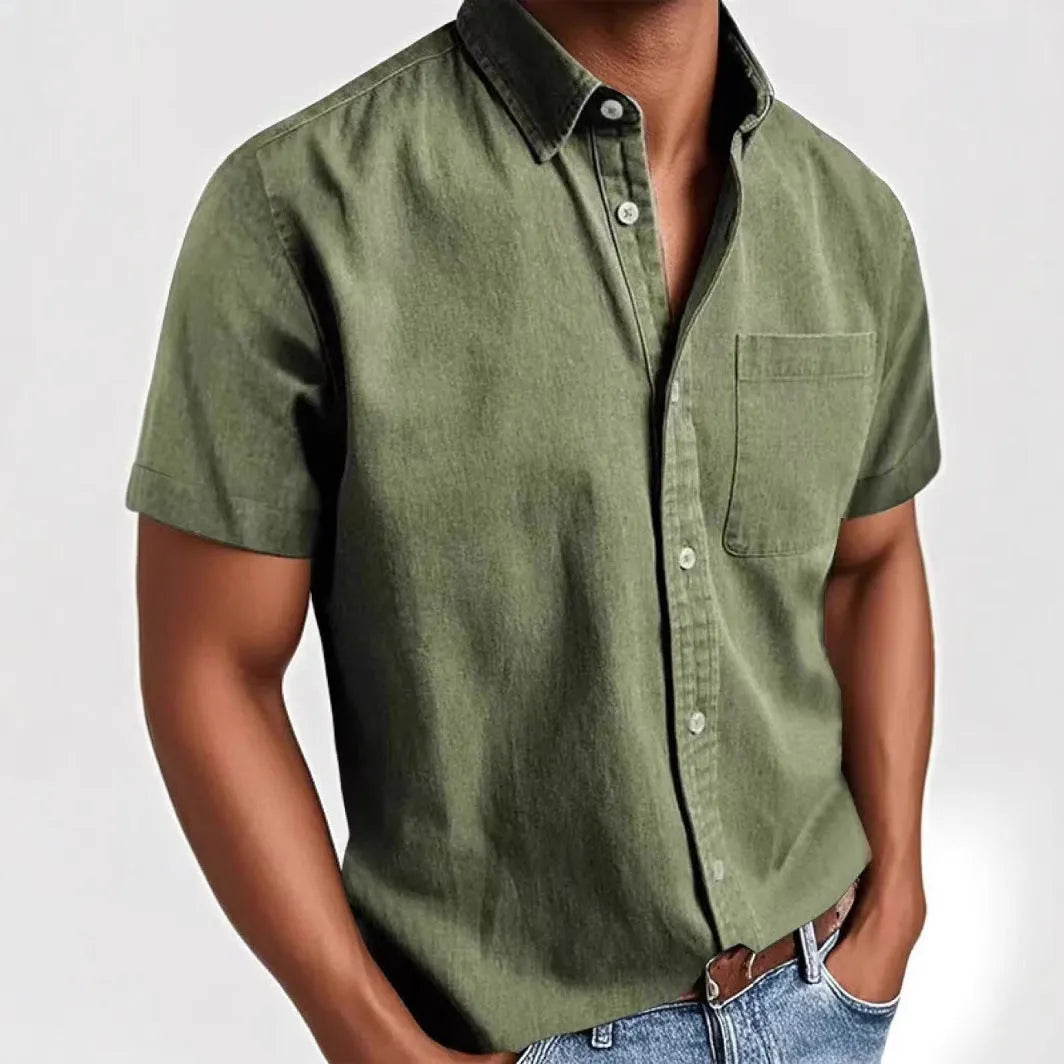 Men's loose fit short sleeve cardigan shirt in cotton blend fabric available in multiple colours