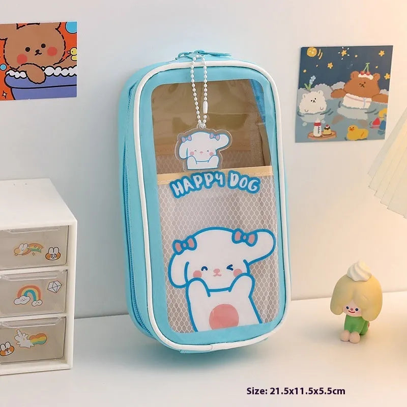 Large transparent PVC pencil case with cartoon bear, rabbit, and dog designs for student stationery.
