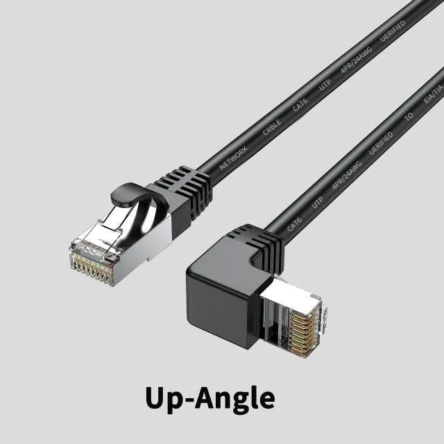 Right-angled Cat6 Ethernet cable with metal connector in various colours including black, red, and yellow.