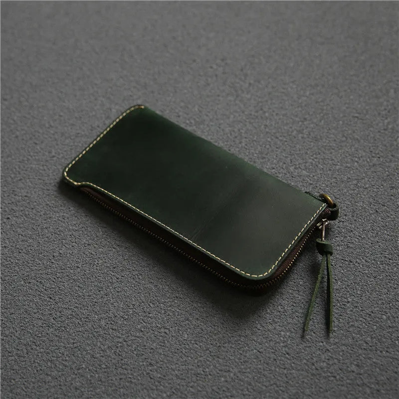 Men's genuine leather zip wallet 18cm top layer cowhide dark brown Crazy Horse leather sewing line detail