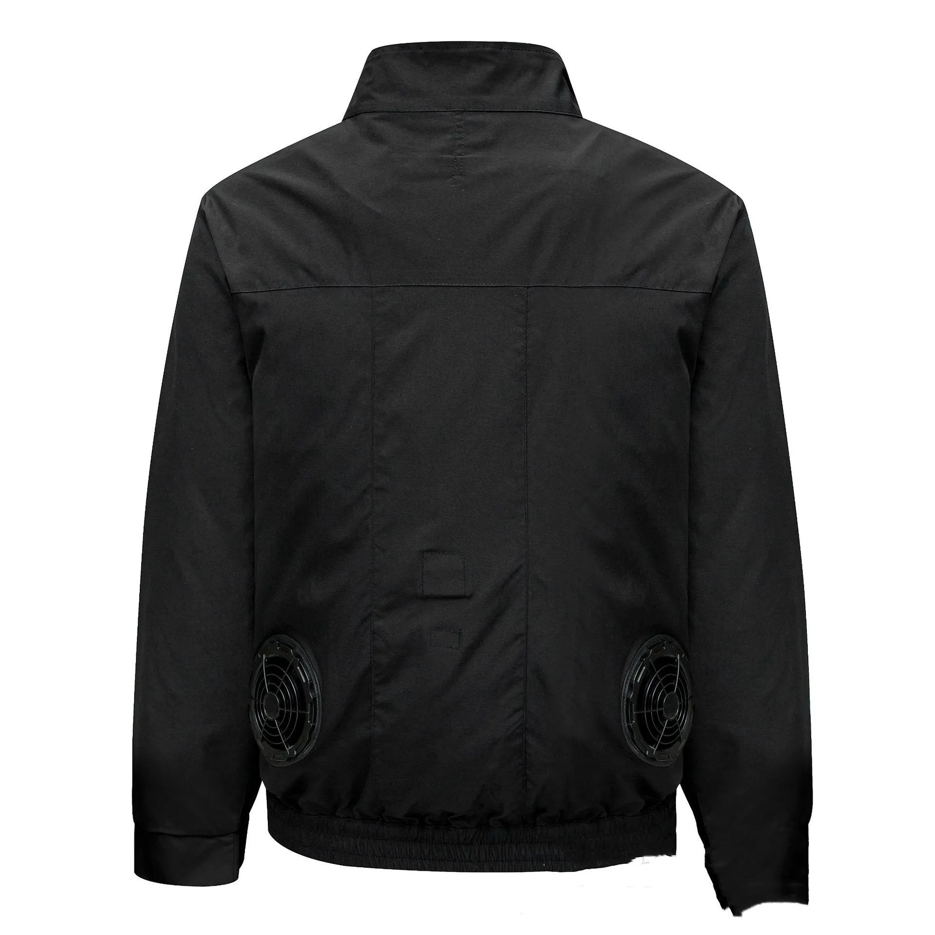 Men's black outdoor work jacket with ventilation holes for cooling fan unit