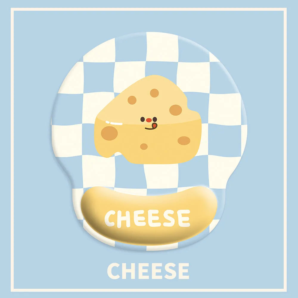 Cartoon cheese mouse pad with milk silk fabric surface and rubber base on a desk