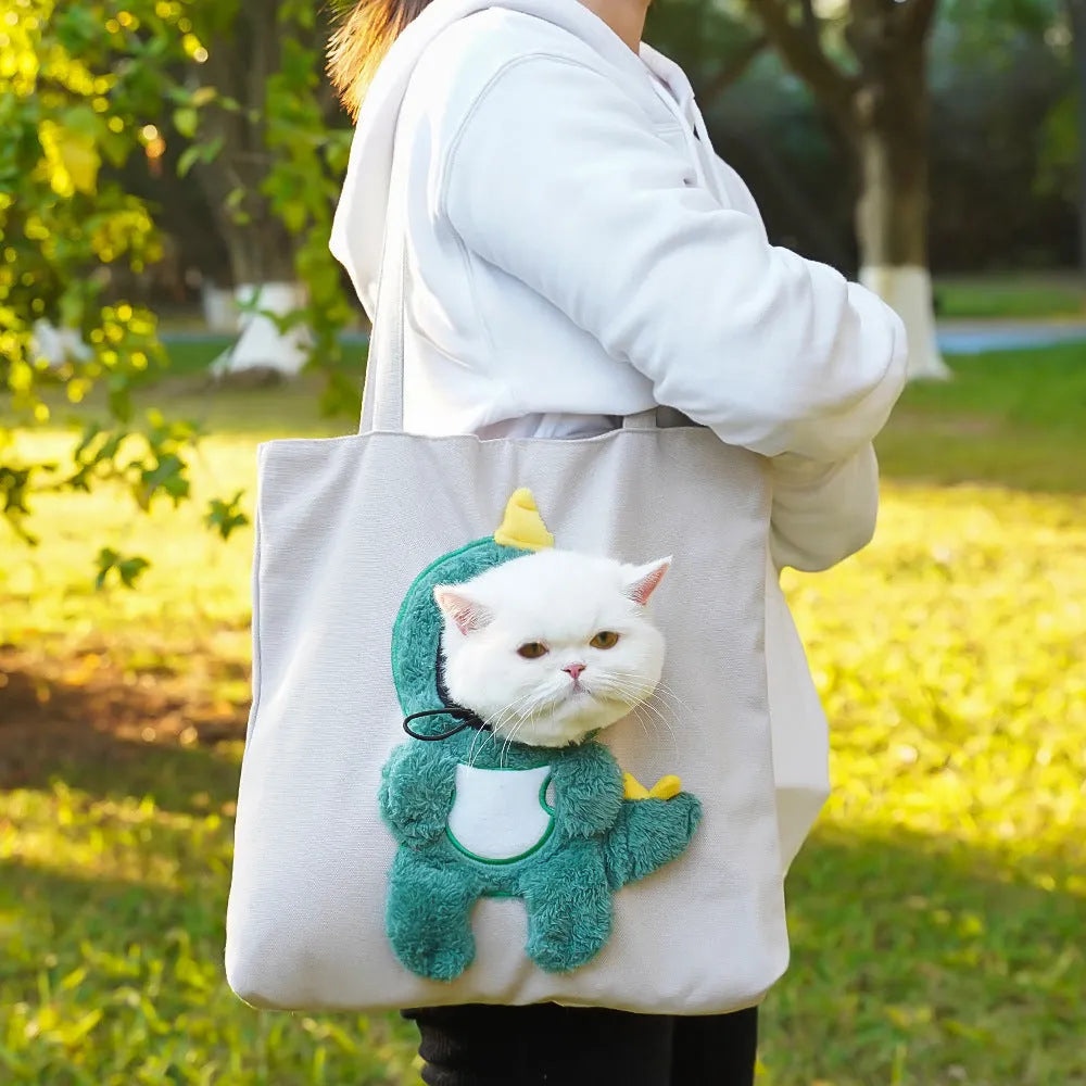 Canvas pet carrier shoulder bag with cartoon pattern for cats and small dogs