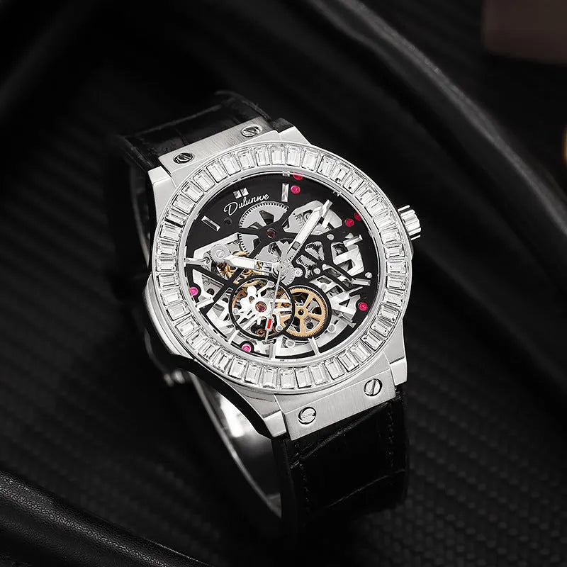 Men's automatic mechanical watch with skeleton dial and diamond bezel on wrist