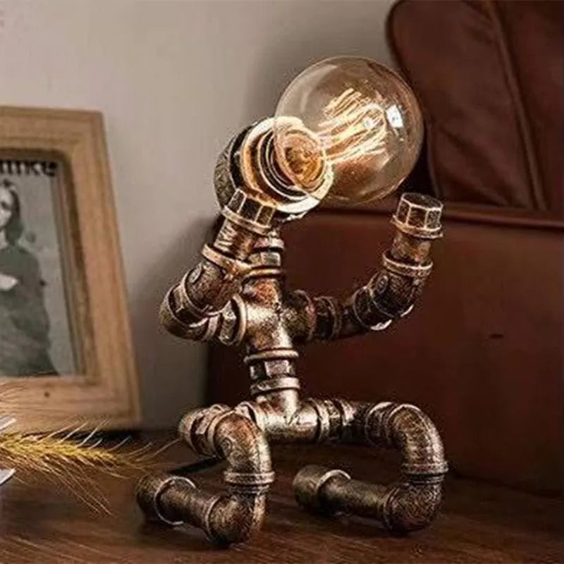Industrial retro table lamp with iron pipe robot water pipe design and vintage metal lamp holder