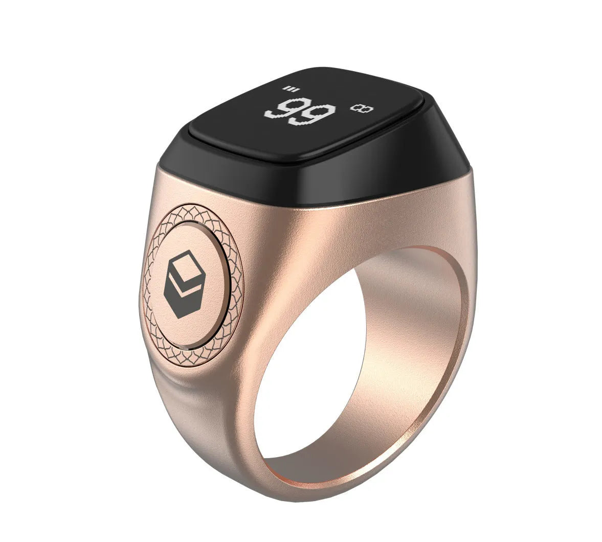 Zikr1 smart ring in black green rose gold silver colours with OLED display showing prayer times